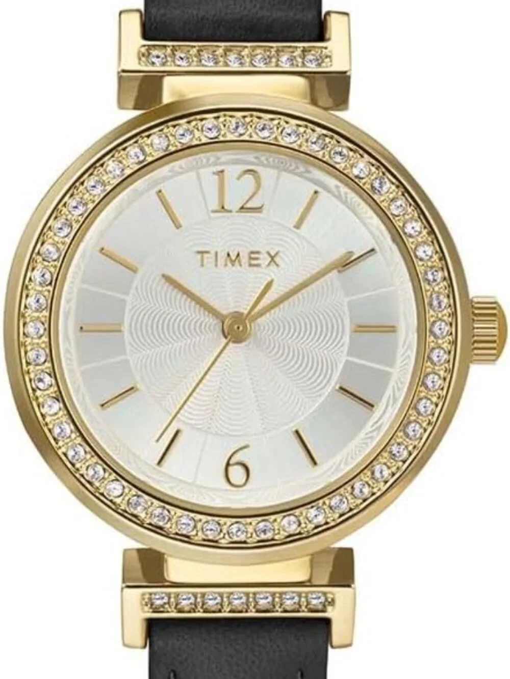 Timex Ladies Dress Watch 31mm Black Leather Strap Silver Dial Gold TW2W48900